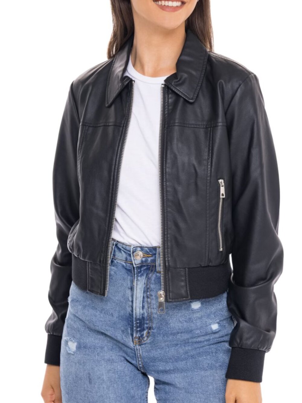 S.E.B. by SEBBY Faux Leather Black Cropped Bomber Jacket Size Large